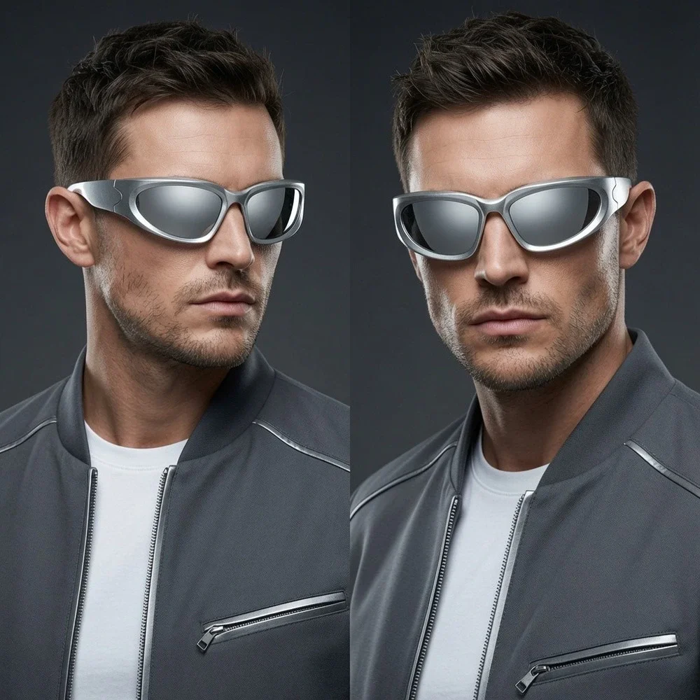 Sport Sunglasses Men Safety Shades Silver Mirror Lens Streetwear Outdoor Driving
